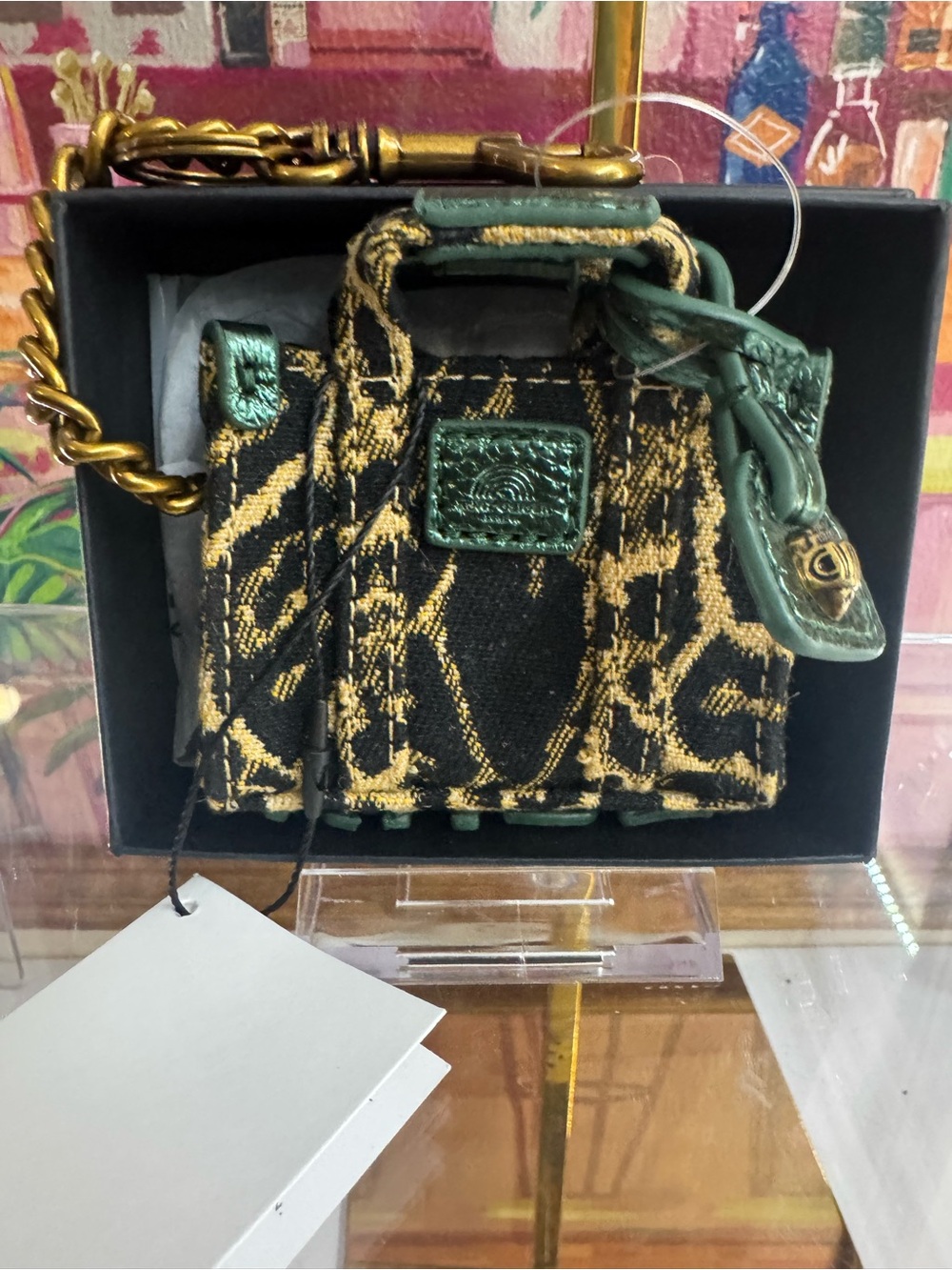 NWT Kurt Geiger Mini Black and Gold Jacquard Top-Handle Mini Tote Bag Charm